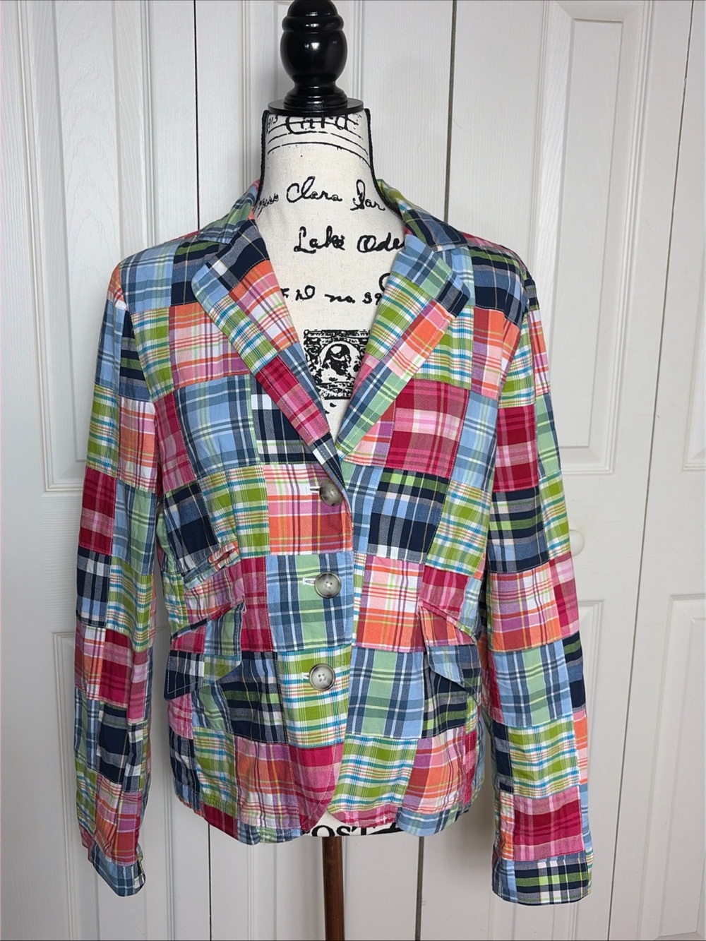 LL Bean Short Blazer Jacket Madras Plaid Patchwork sz 10